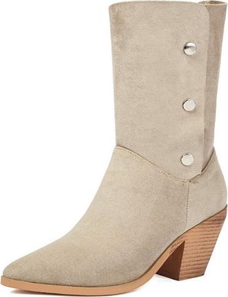 Generic Womens Western Chunky Heel Ankle Boots Pointed Toe Fold Over Wide Calf Slip On Casual Versatile Shoes (7.5,Apricot)