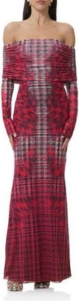 AFRM Thelma Off the Shoulder Long Sleeve Maxi Dress in Ruby Houndstooth at Nordstrom Rack, Size X-Large