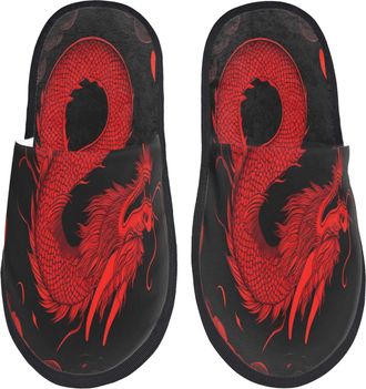 Generic Hotel Slippers Red Dragon On Black Non-Slip Camping Slippers Warm Cotton Slipper For Winter Indoor Room L