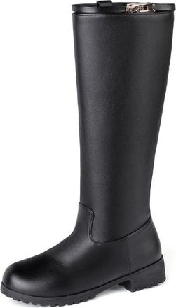 Generic Womens Knee High PU Leather Look Riding Boots Round Toe Block Heels Buckle Detail Comfortable Durable Slip Resistant Casual Daily Office Fashion Shoes