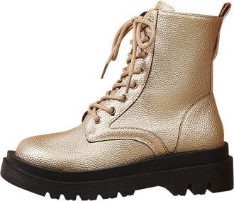 Generic British Style Combat Boots, Metallic Gold Synthetic Leather Platform Ankle Boots with Chunky Lugged Sole, Lace-Up Design, 3.8 cm Platform