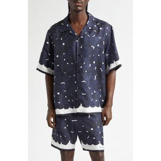 Givenchy Rose Print Silk Twill Camp Shirt in Dark Navy at Nordstrom, Size 39