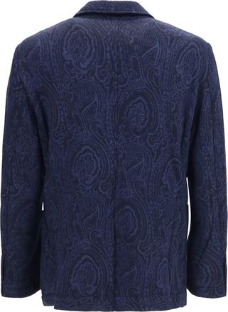 Etro Mens Single-Breasted Arnica Jacquard Wool-Blend Jacket Blu