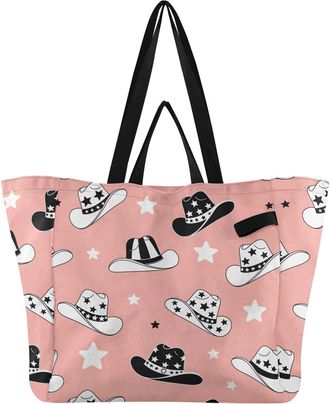 Generic Pink Star Western Cowboy pattern Reusable Canvas Tote Bag, Heavy Duty Grocery Shopping Bag with Double Handles Large Capacity Hard Bottom Work Groceri