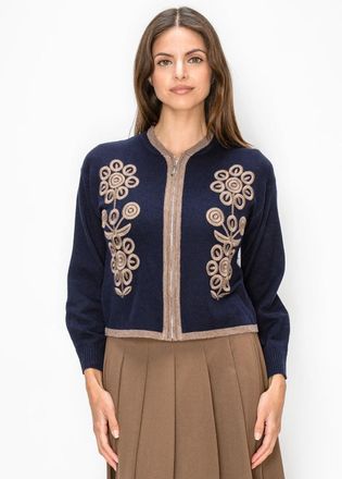 YAL New York Embroidered Floral Knit Jacket in Navy