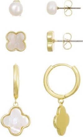 Adornia 14K Gold Plated Freshwater Pearl & Mother-of-Pearl Stud & Clover Drop Earrings in Gold/White at Nordstrom Rack
