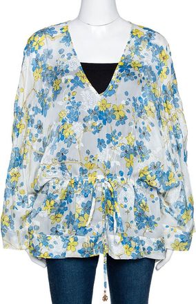Roberto Cavalli Blue & White Floral Print Silk Sheer Kaftan Top