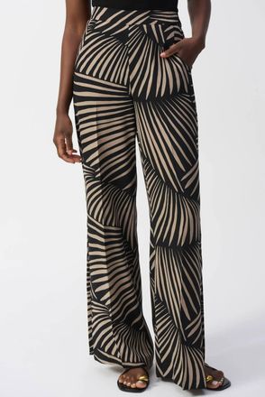 Joseph Ribkoff Tropical Print Side Slit Wide Leg Pants In Black/dune