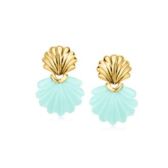 Ross-Simons Carved Blue Chalcedony Seashell Drop Earrings in 18kt Gold Over Sterling
