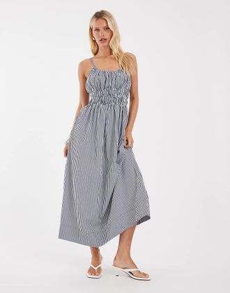 Object Vestito lungo a righe bianche e blu con spalline sottili e vita arricciata-Multi