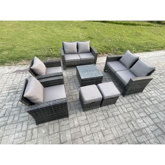 Fimous Rattan Garden Furniture Set Patio Outdoor Lounge Sofa Set with Square Coffee Table Double Seat Sofa 2 Small Footstools Dark Grey Mixed - Fimous