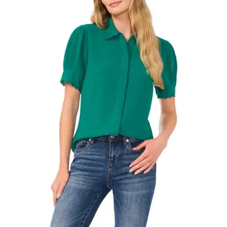 CeCe by Cynthia Steffe Scallop Trim Button-Up Shirt in Lush Meadow at Nordstrom, Size Xx-Large