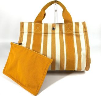 Herm&egrave;s White Yellow Canvas Handbag Tote Bag (Pre-Owned)