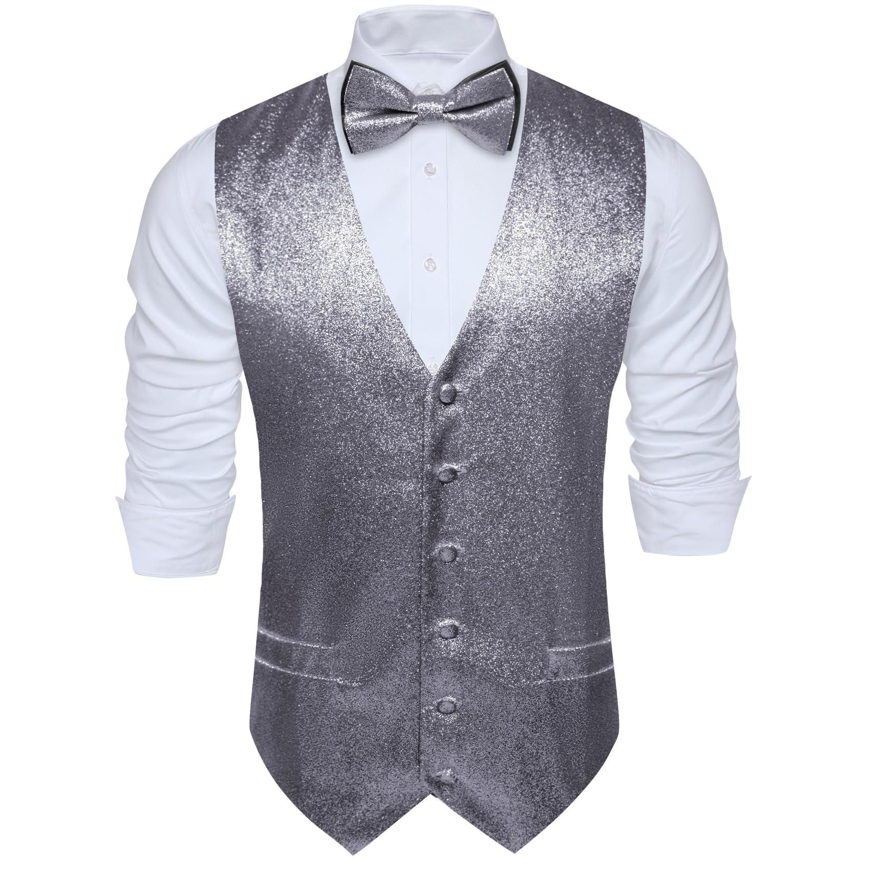 Mens Sequin Shiny Silver Grey Waistcoat Bowtie Set
