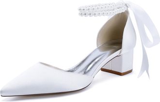 Generic Wedding Bridal Shoes Womens Block Heel Pearl Satin Closed Pointed Toe Chunky Low Heel Pump Party Wedding Dress Shoes 4.5Cm,White,10 UK