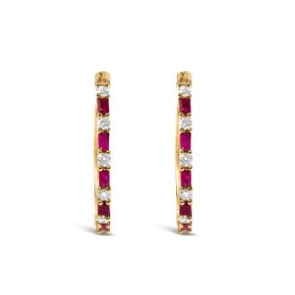 House of Brilliance 14K Yellow Gold Baguette Ruby and 1/5 Cttw Diamond Hoop Earrings
