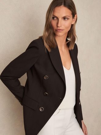 Reiss Chocolate Brown Petite Wool-blend Double-breasted Blazer, 14
