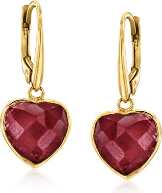Ross-Simons Ruby Heart Drop Earrings in 18kt Gold Over Sterling