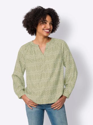 Heine Druckbluse HEINE, Damen, Gr. 34, gr&uuml;n (sand, lindgr&uuml;n, bedruckt), 100% Polyester, bedruckt, gemustert, mehrfarbig, Rundhals, Blusen Druckbluse