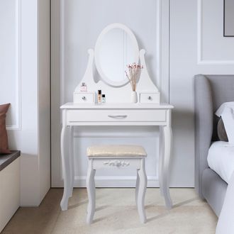ML Design Ml-design Tocador De Maquillaje Con Taburete Y Espejo Madera Mdf Blanco Mesa Cosmetica Con 3 Cajones De Almacenamiento 75 X 140 X 40 Cm Organizador Ma