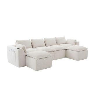 Urban Meuble Sof&aacute; modular 4 plazas con 2 pufs y cojines de terciopelo beige