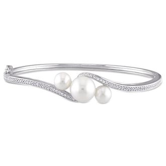 Amour Cultured Freshwater Pearl and Created White Sapphire Bangle In Sterling Silver