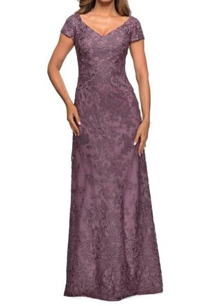 La Femme Lace Applique Evening Dress In Dusty Lilac
