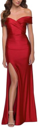 La Femme Off the Shoulder Chic Jersey Gown with Ruching in Red at Nordstrom, Size 16