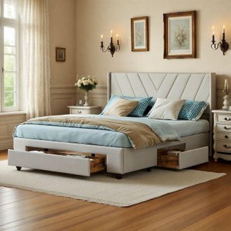 OEM Cama 140x190 Cm - Cama 140x190 - 3 Cajones - Somier De Lamas - Recubrimiento De Lino Beige