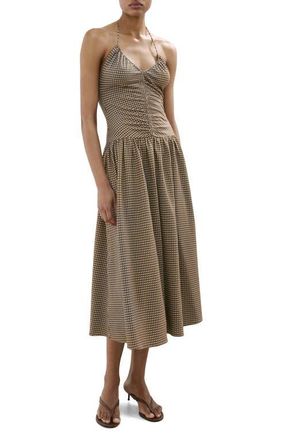 Mango Check Ruched Halter Neck Midi Dress in Khaki at Nordstrom, Size 10