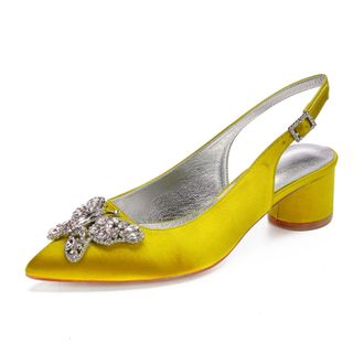 Generic Womens Chunky Heels Pointed Toe Wedding Shoes Satin Low Heels Elegant Bridal Slingback Party Evening Dress Shoes 4.5Cm,Yellow,8 UK