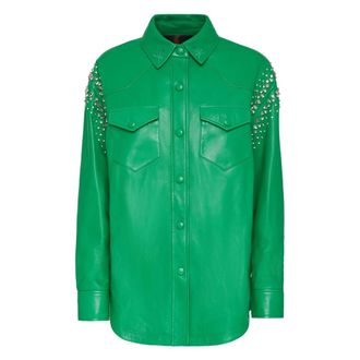 Philipp Plein Oversize Leren Shirt Crystal - Dames - Overhemden - Groen - M - Leer - Overhemden