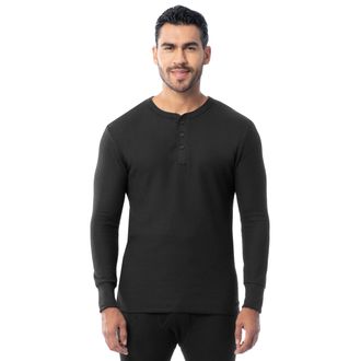 Indera Indera Mens Traditional Waffle Thermal Underwear Long Sleeve Henley Shirt, Black, X-Large