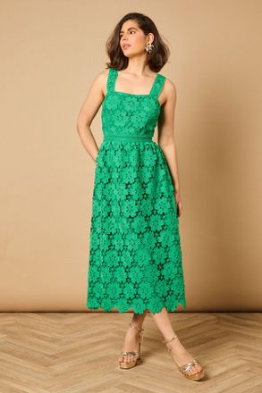Oasis Womens Floral Lace Detail Square Neck Midi Dress - Emerald - Size 10 UK