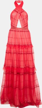 Tadashi Shoji Red Sequin Tulle Halter Neck Tiered Gown