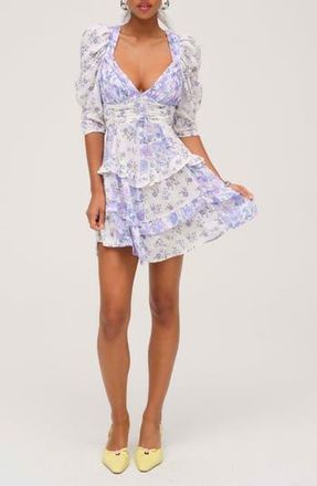 For Love & Lemons Rosalyn Print Ruffle Puff Sleeve Minidress in Purple at Nordstrom Rack, Size X-Large