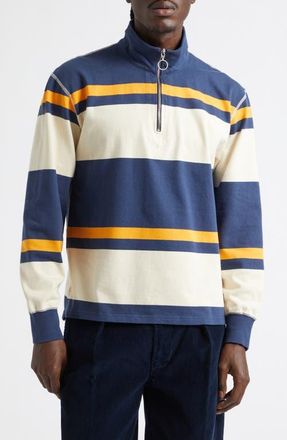 Drake's Stripe Quarter Zip Cotton Rugby Shirt in Ecru Navy Yellow at Nordstrom, Size X-Large