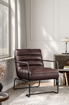 Living and Home Mid-Century PU Leather Striped Leisure Armchair with Metal Base in Brown