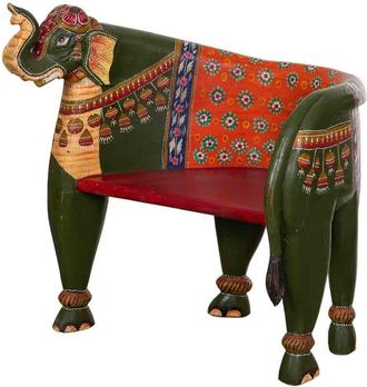 Wanderlust Deco Banco de madera de elefante pintado multicolor, 89x80x92h cm