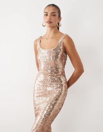 Tfnc vestito lungo con scollo rotondo, schiena bassa e decorazioni, oro