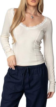 Edikted Mel Lace Trim Rib Top in Cream at Nordstrom, Size X-Small