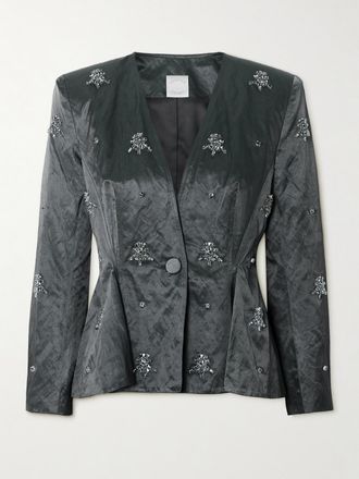 Huishan Zhang Blazer In Twill Di Raso Increspato Con Cristalli Antoine - Grigio