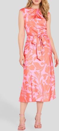 Tahari by ASL Floral Cross Neck Sleeveless Midi Dress in Guava Flamingo at Nordstrom, Size 12