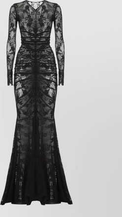 Norma Kamali floor length ruched lace dress v neckline