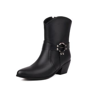 Generic Womens Western Pointed Toe Mid-Calf Faux Leather Boots Metal Buckle Strap Side Zip Block Heels Solid Color Durable Stylish Design,Black,5.5 UK