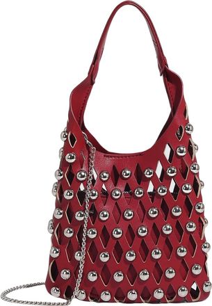 Generic Steampunk Studded Shoulder Bag, Black PU Leather, Hollow Design with Silver Studs, Mini Tote Handbag for Women, Burgundy