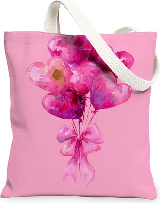 Generic ValentineS Day Floral Canvas Tote Bags, Heart Balloon Pattern Reusable Grocery Bags, Lightweight Washable Shoulder Strap C, Peach, 13x15 Inch