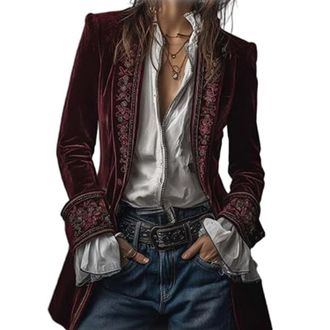 Generic Womens Retro Velvet Open-front Blazer, Long-sleeved Solid Color Mid-length Coat with Lace Trim (Magenta,L)