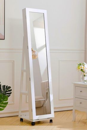 Living and Home Freestanding White Jewelry Cabinet with Mirror on Wheels