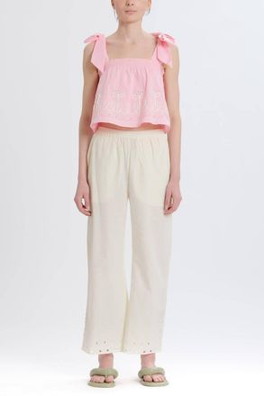 Something Navy Embroidered Tie Shoulder Top In Pink Combo